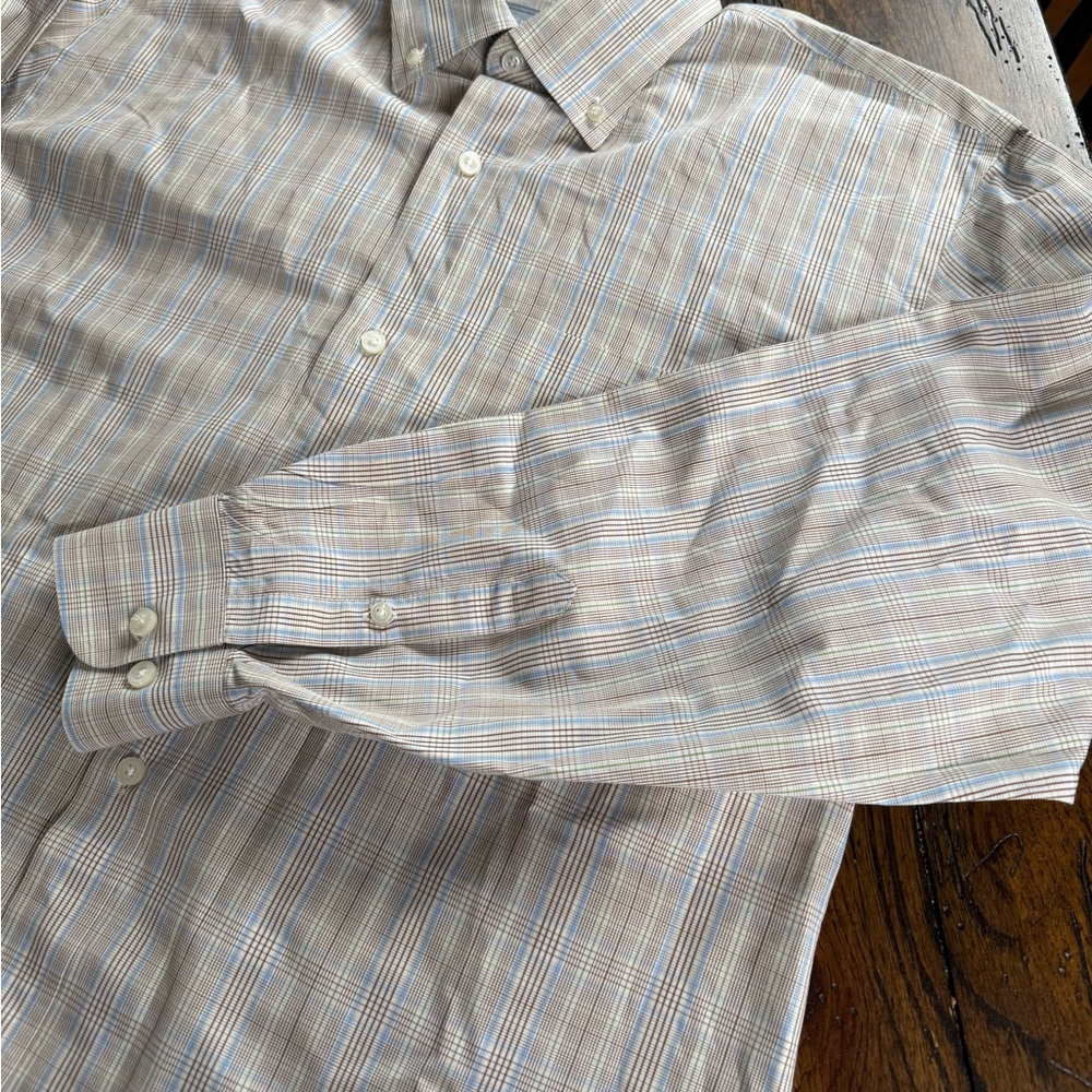 Hickey‎ Freeman Beige and Blue Plaid Dress Shirt L